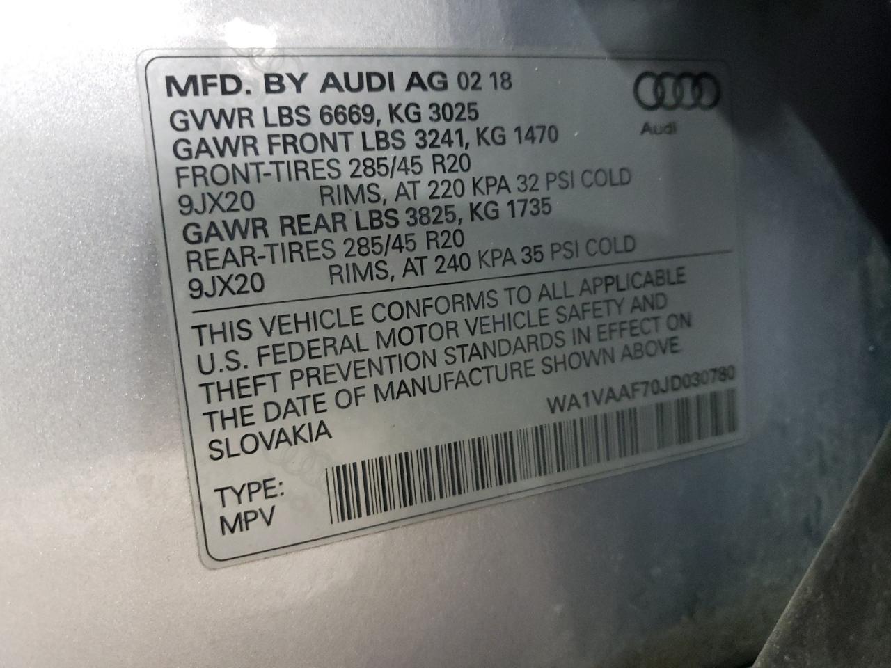 2018 Audi Q7 VIN WA1VAAF70JD030780 Copart auction photo, front end damage thumbnail 13