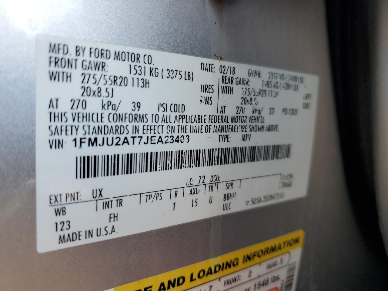 2018 Ford Expedition VIN 1FMJU2AT7JEA23403 Copart auction photo, water/flood damage thumbnail 14