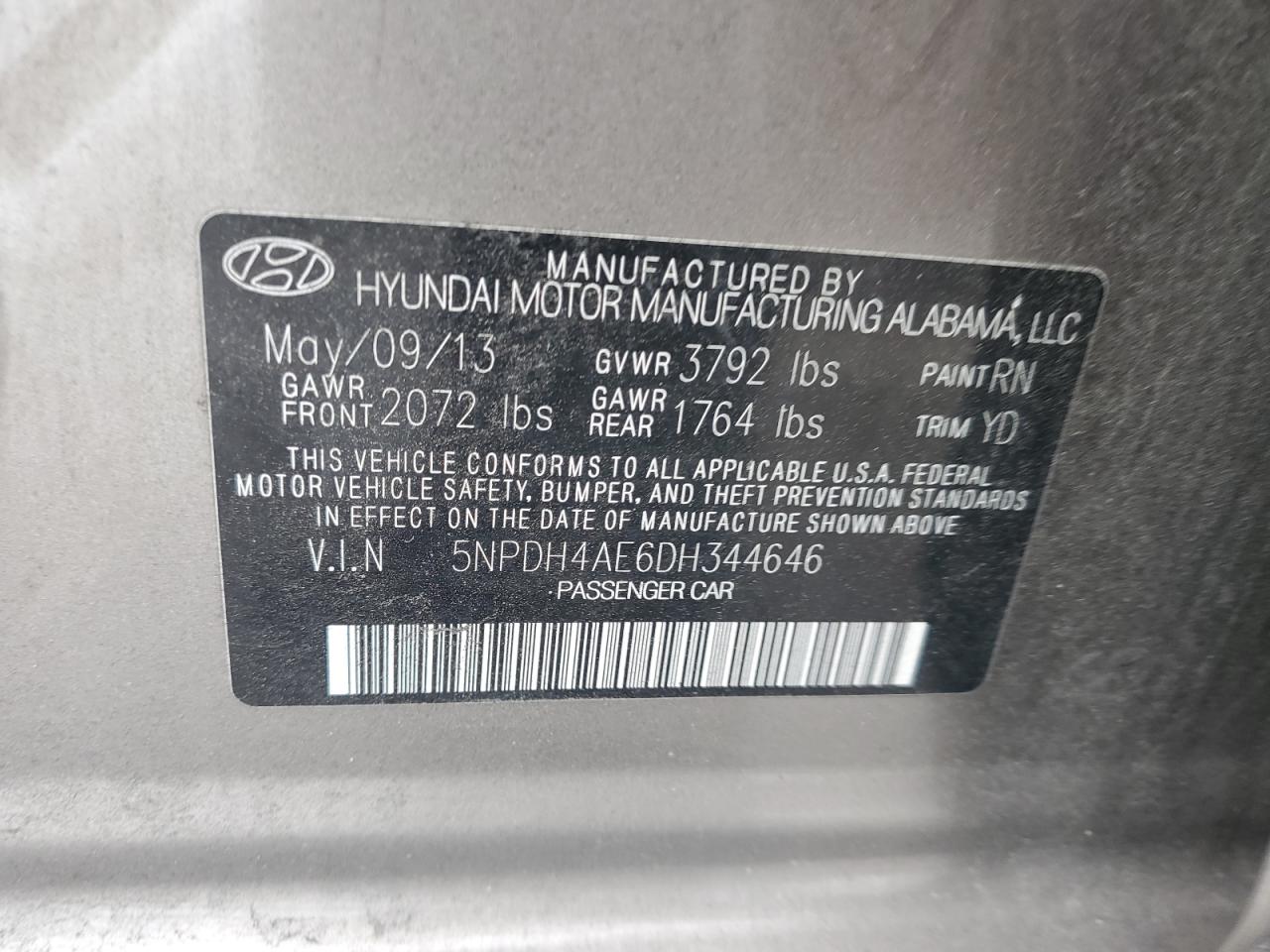 2013 Hyundai Elantra VIN 5NPDH4AE6DH344646 Copart auction photo, rear end damage thumbnail 13
