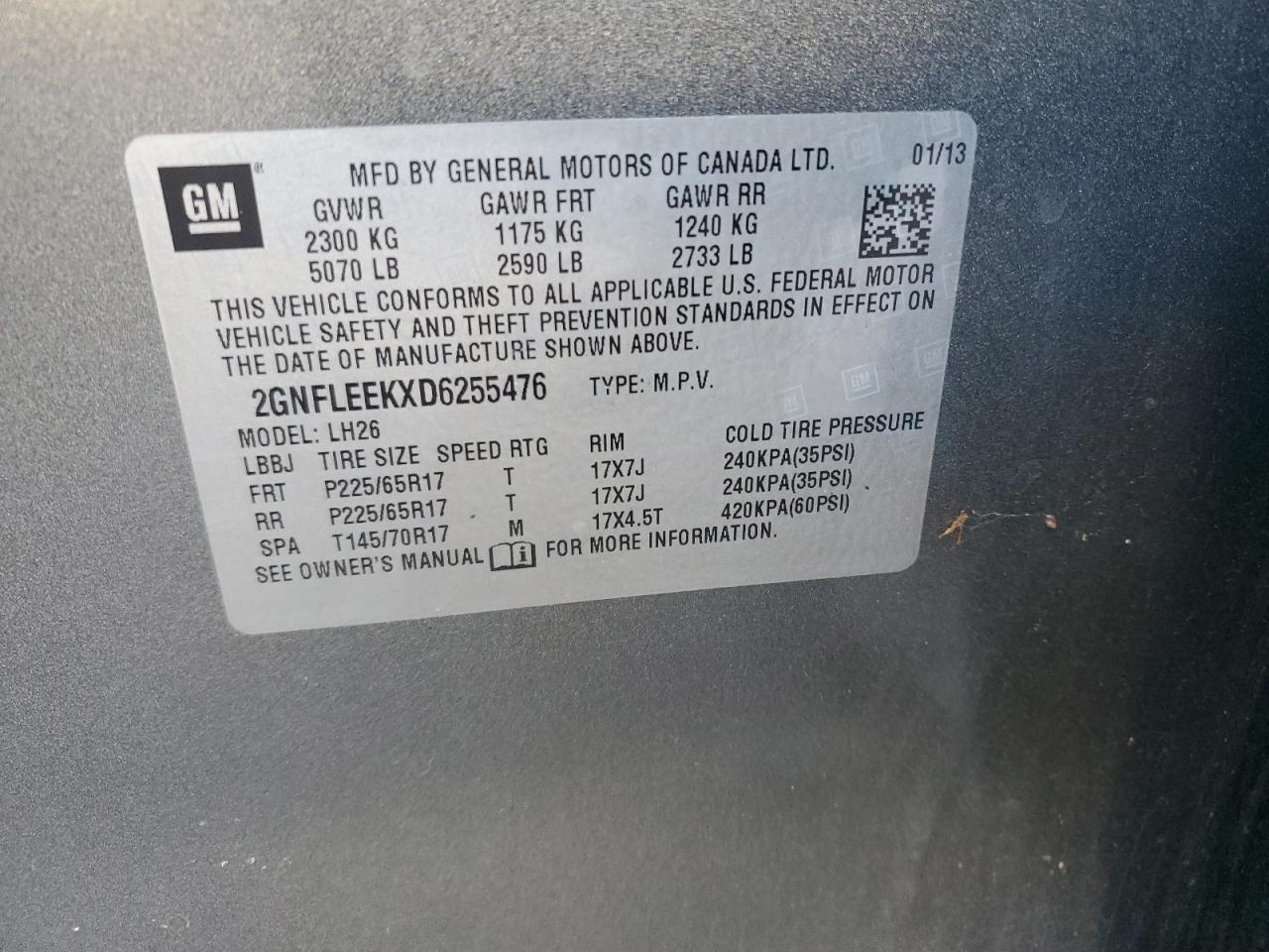 2013 Chevrolet Equinox VIN 2GNFLEEKXD6255476 Copart auction photo, front end / mechanical damage thumbnail 13