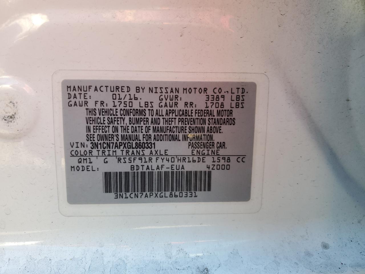2016 Nissan Versa VIN 3N1CN7APXGL860331 Copart auction photo, normal wear damage thumbnail 12