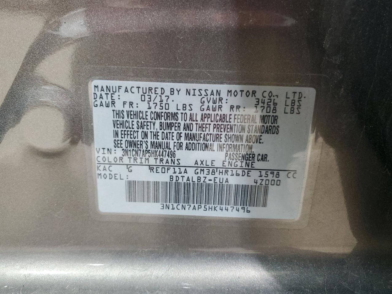 2017 Nissan Versa VIN 3N1CN7AP5HK447496 Copart auction photo, rear end damage thumbnail 12