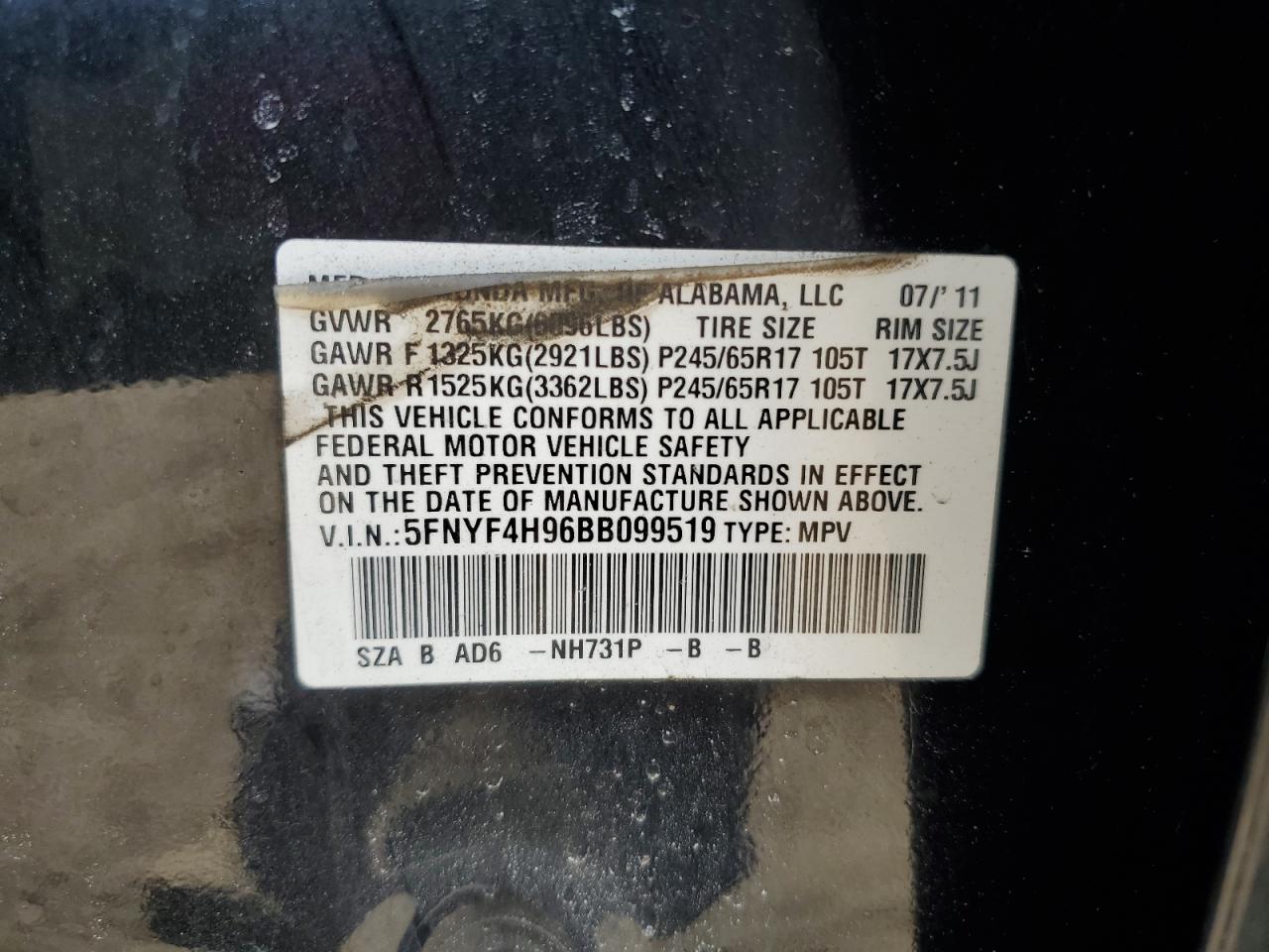 2011 Honda Pilot VIN 5FNYF4H96BB099519 Copart auction photo, front end / minor dent/scratches damage thumbnail 15
