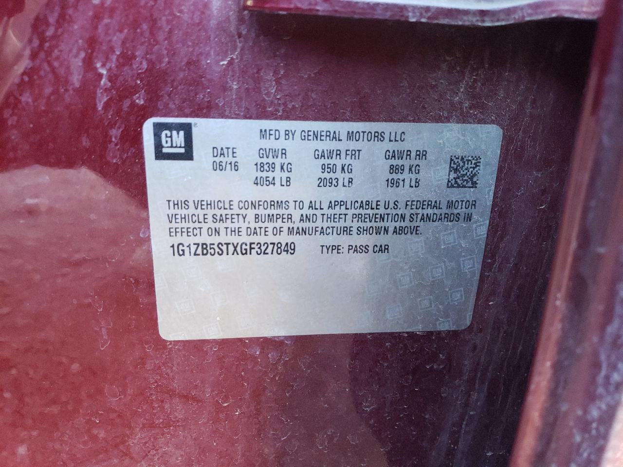 2016 Chevrolet Malibu VIN 1G1ZB5STXGF327849 Copart auction photo, front end / rear end damage thumbnail 12