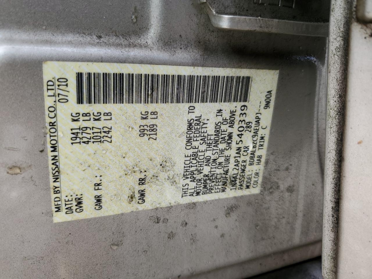 2010 Nissan Altima VIN 1N4AL2AP1AN540339 Copart auction photo, front end damage thumbnail 12