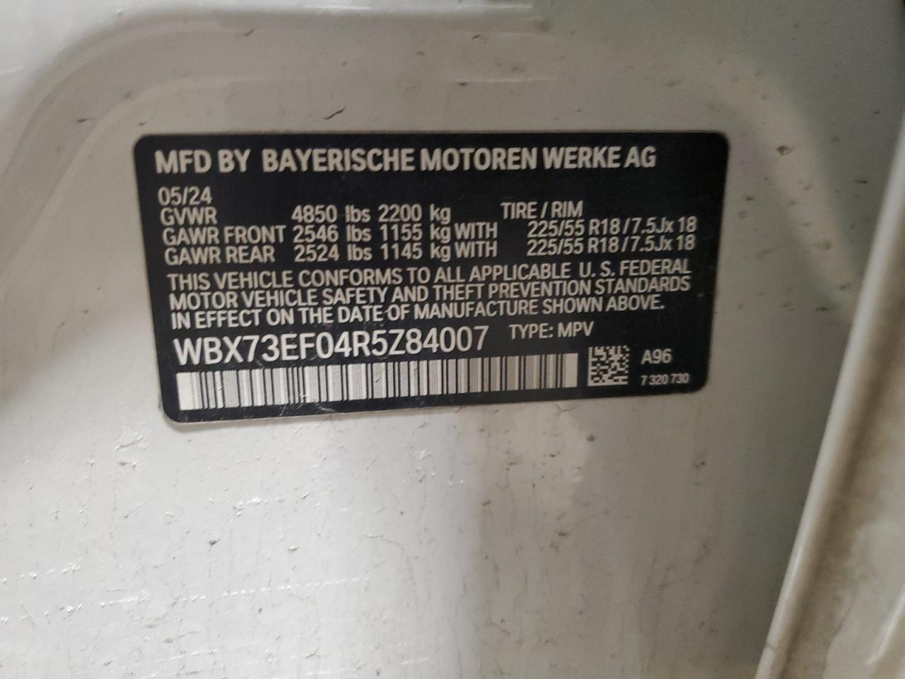 2024 BMW X1 VIN WBX73EF04R5Z84007 Copart auction photo, side / rear end damage thumbnail 13