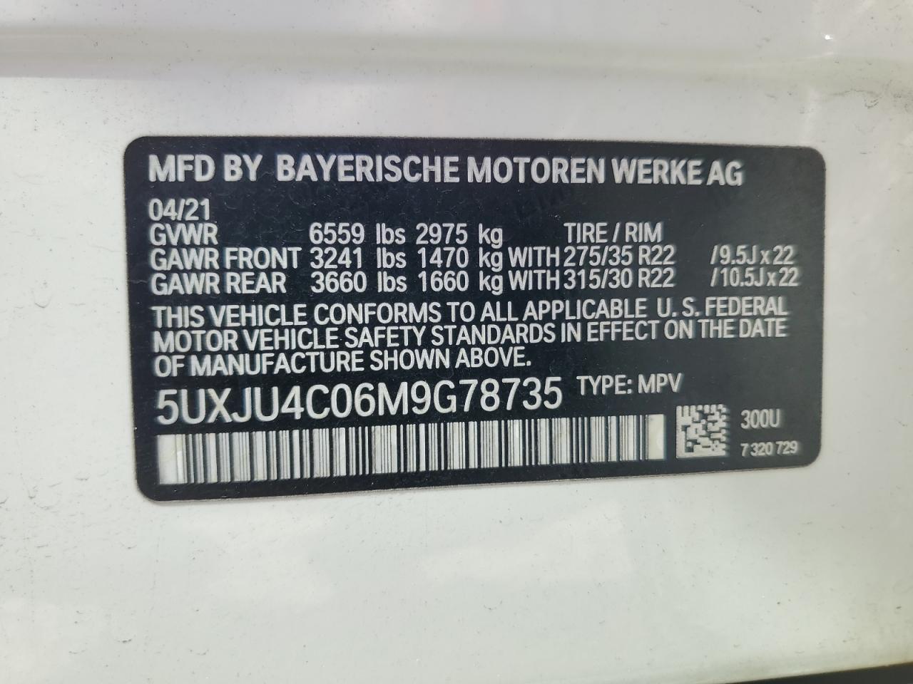 2021 BMW X5 VIN 5UXJU4C06M9G78735 Copart auction photo, front end damage thumbnail 15