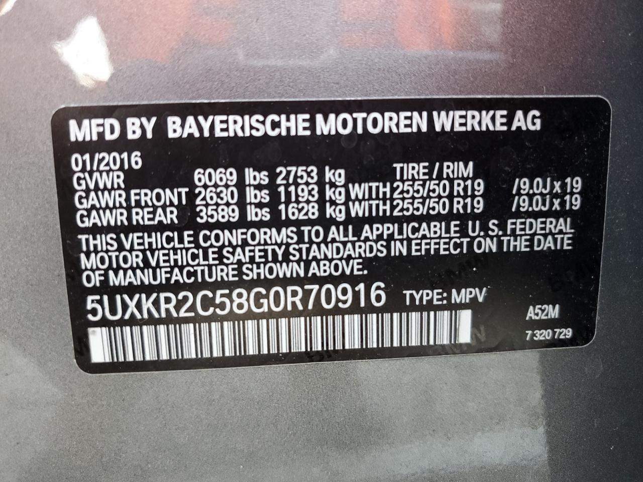 2016 BMW X5 VIN 5UXKR2C58G0R70916 Copart auction photo, front end / minor dent/scratches damage thumbnail 15