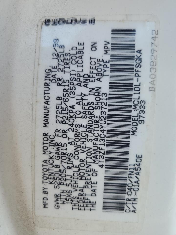 2000 Toyota Sienna VIN 4T3ZF13C4YU237213 Copart auction photo, all over / mechanical damage thumbnail 13
