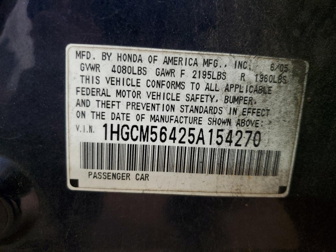 2005 Honda Accord VIN 1HGCM56425A154270 Copart auction photo, side / front end damage thumbnail 12