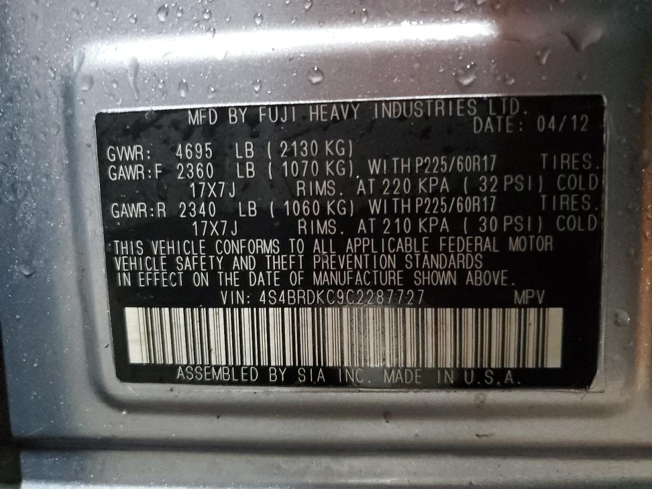 2012 Subaru Outback VIN 4S4BRDKC9C2287727 Copart auction photo, rollover damage thumbnail 14