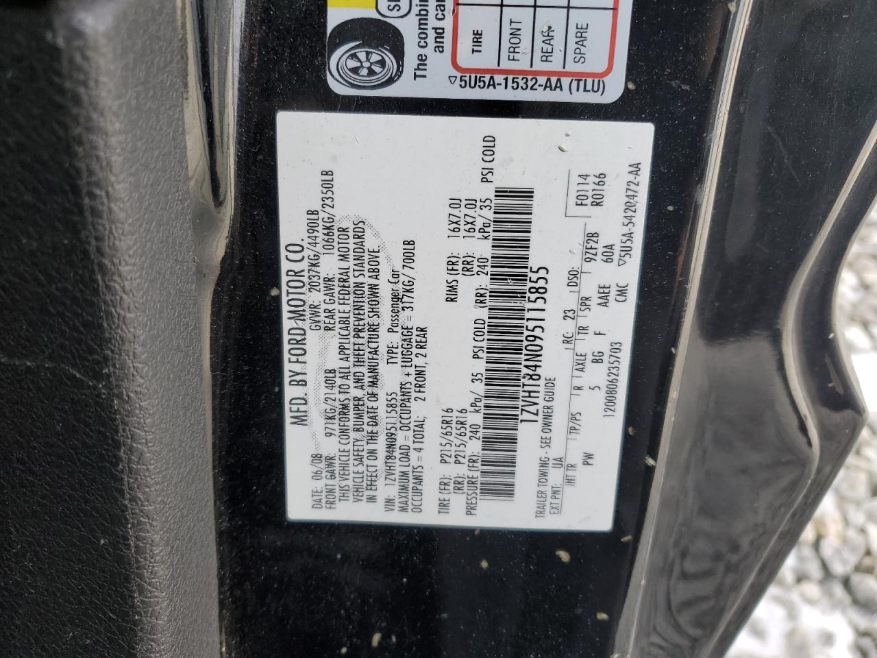 2009 Ford Mustang VIN 1ZVHT84N095115855 Copart auction photo, rear end / minor dent/scratches damage thumbnail 12