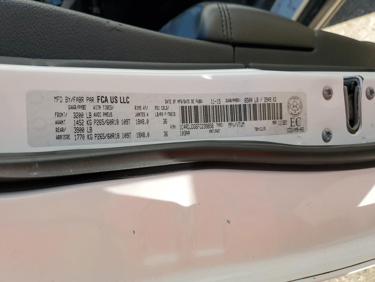 2015 Dodge Durango VIN 1C4RDJDG6FC239858 Copart auction photo, front end / side damage thumbnail 14