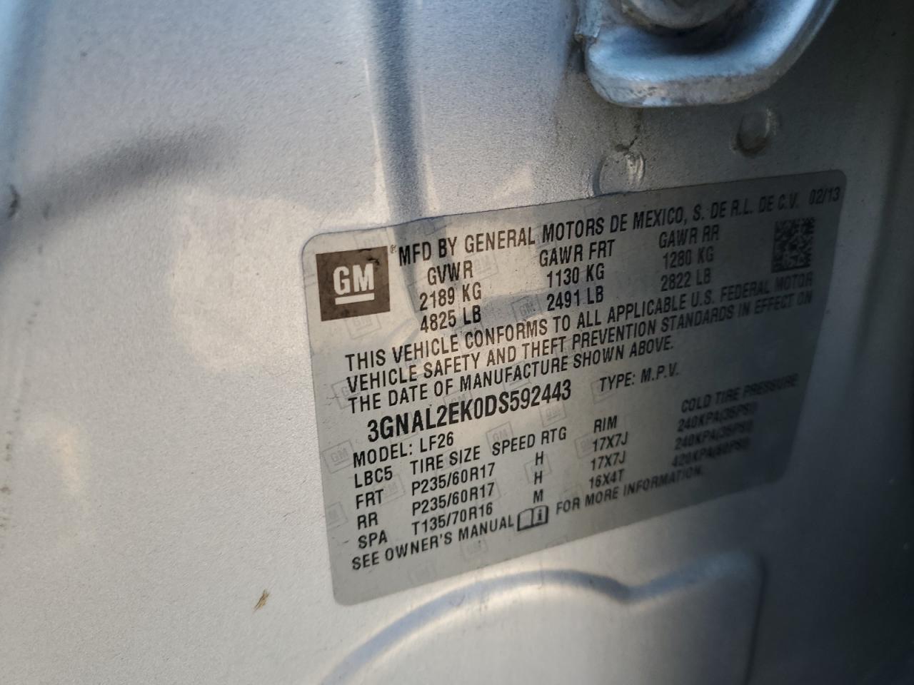 2013 Chevrolet Captiva VIN 3GNAL2EK0DS592443 Copart auction photo, rear end damage thumbnail 13
