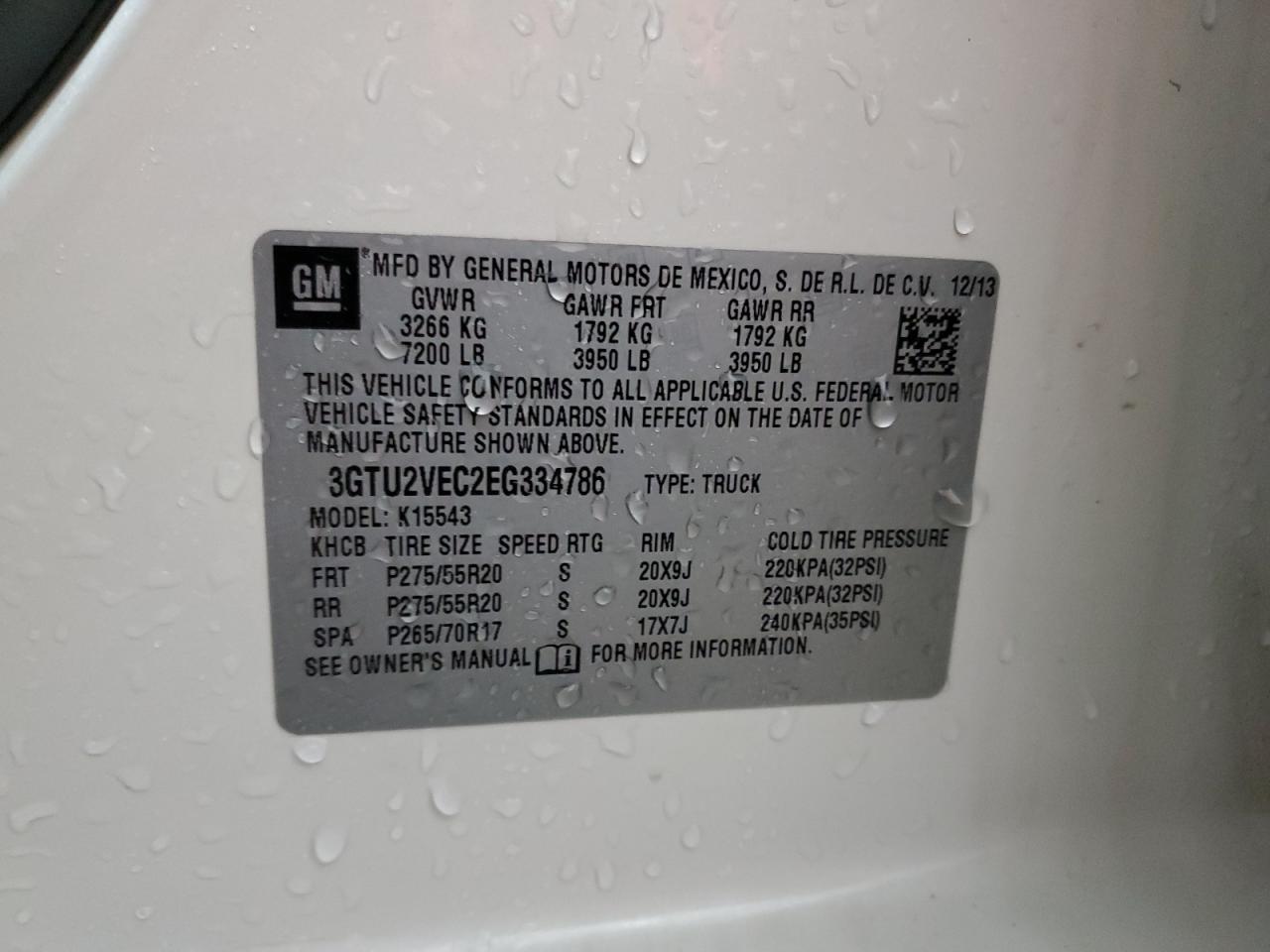 2014 GMC Sierra VIN 3GTU2VEC2EG334786 Copart auction photo, side damage thumbnail 13