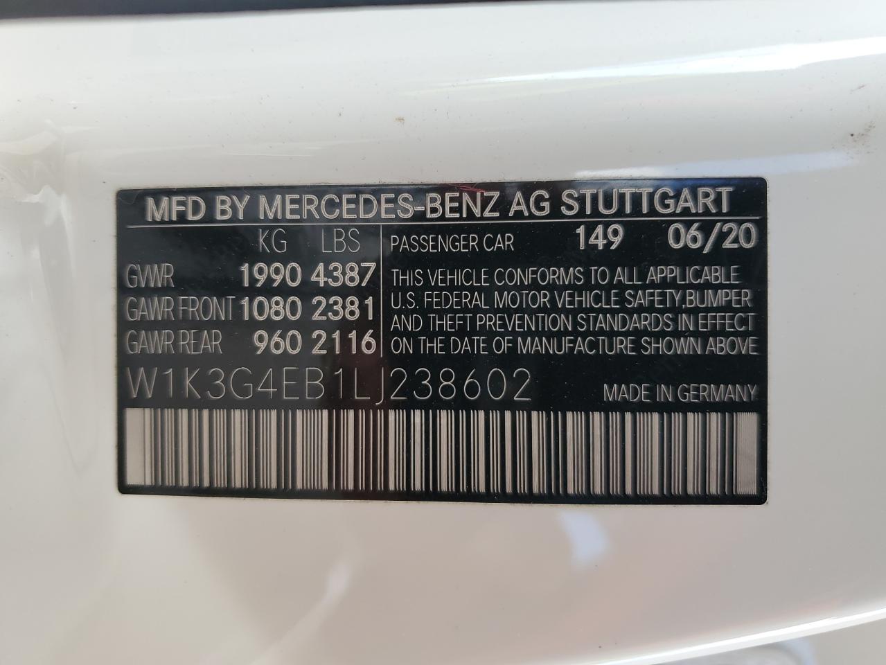 2020 Mercedes-Benz A-klasse VIN W1K3G4EB1LJ238602 Copart auction photo, rear end / side damage thumbnail 12