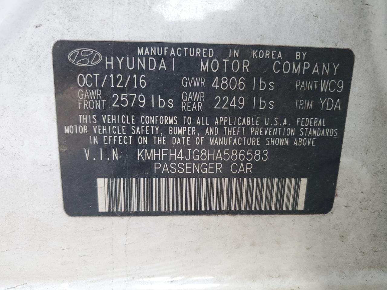 2017 Hyundai Azera VIN KMHFH4JG8HA586583 Copart auction photo, front end / rear end damage thumbnail 14