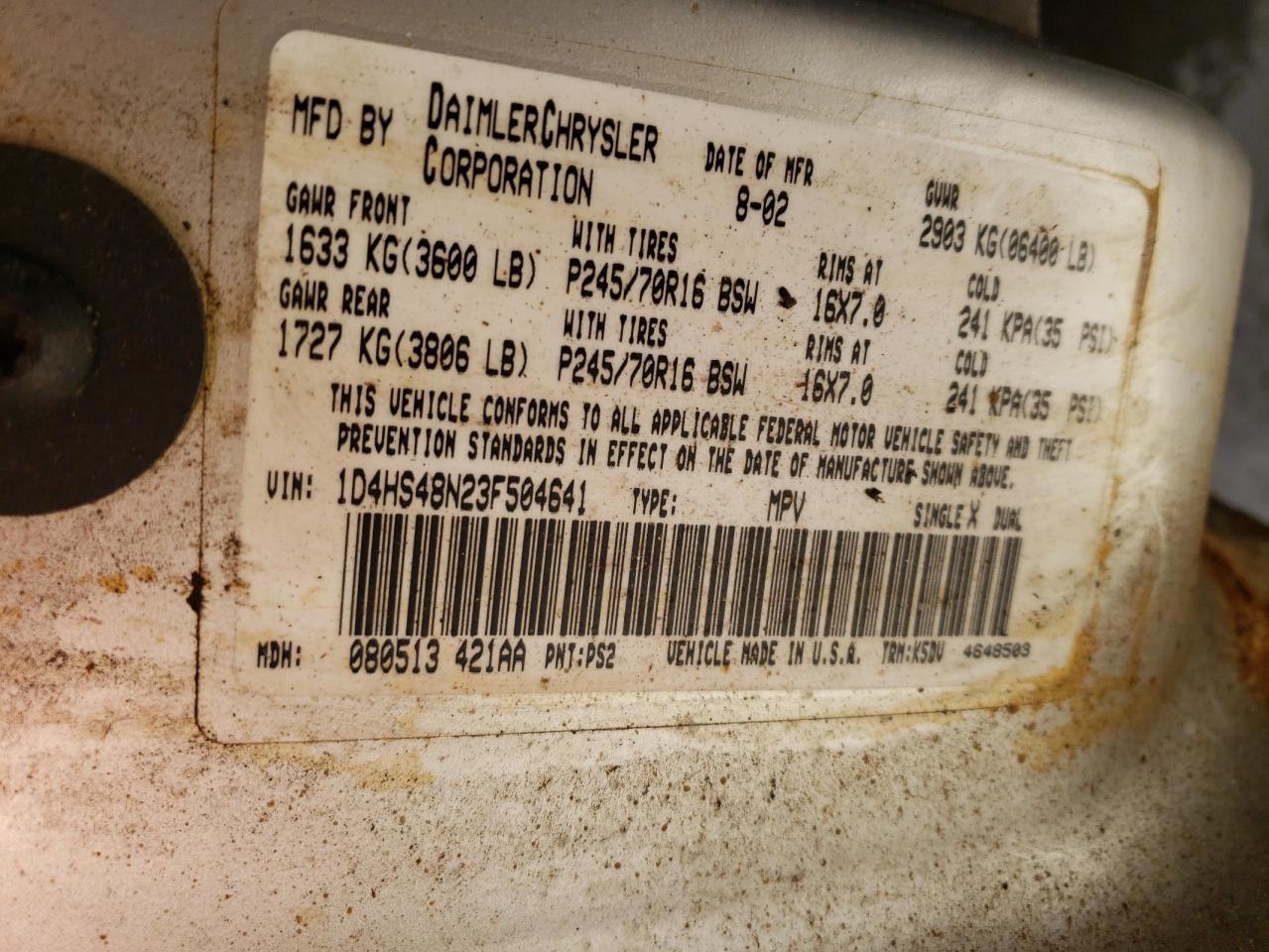 2003 Dodge Durango VIN 1D4HS48N23F504641 Copart auction photo, front end damage thumbnail 13
