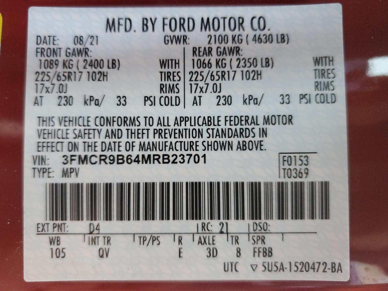 2021 Ford Bronco VIN 3FMCR9B64MRB23701 Copart auction photo, front end damage thumbnail 15