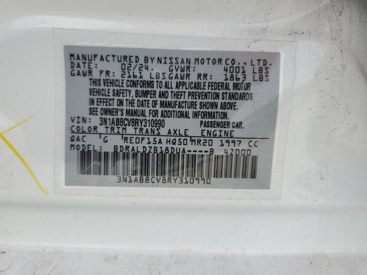 2024 Nissan Sentra VIN 3N1AB8CV8RY310990 Copart auction photo, side / rear end damage thumbnail 12