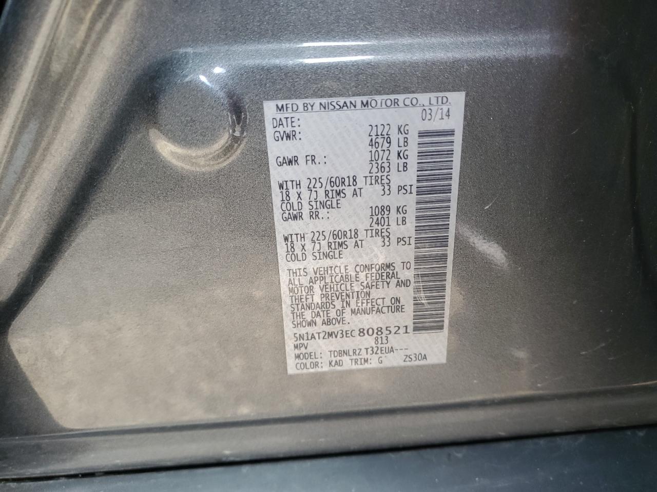 2014 Nissan Rogue VIN 5N1AT2MV3EC808521 Copart auction photo, front end damage thumbnail 13