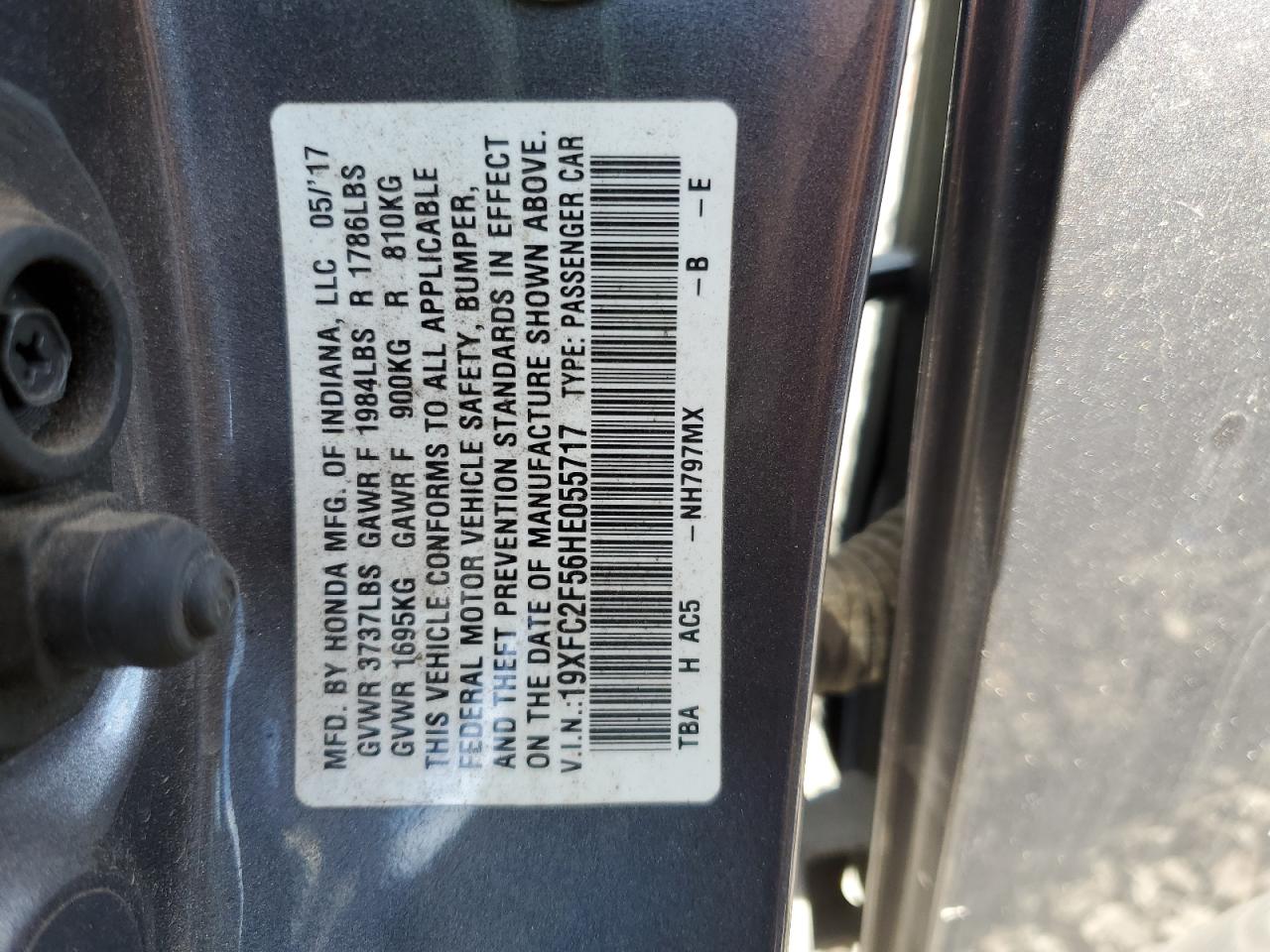 2017 Honda Civic VIN 19XFC2F56HE055717 Copart auction photo, rear end damage thumbnail 12
