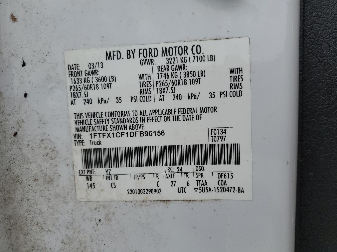 2013 Ford F-150 VIN 1FTFX1CF1DFB96156 Copart auction photo, side damage thumbnail 15