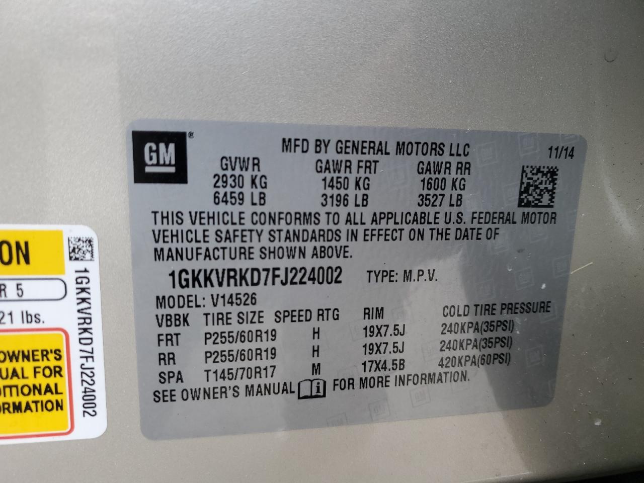 2015 GMC Acadia VIN 1GKKVRKD7FJ224002 Copart auction photo, front end / mechanical damage thumbnail 13