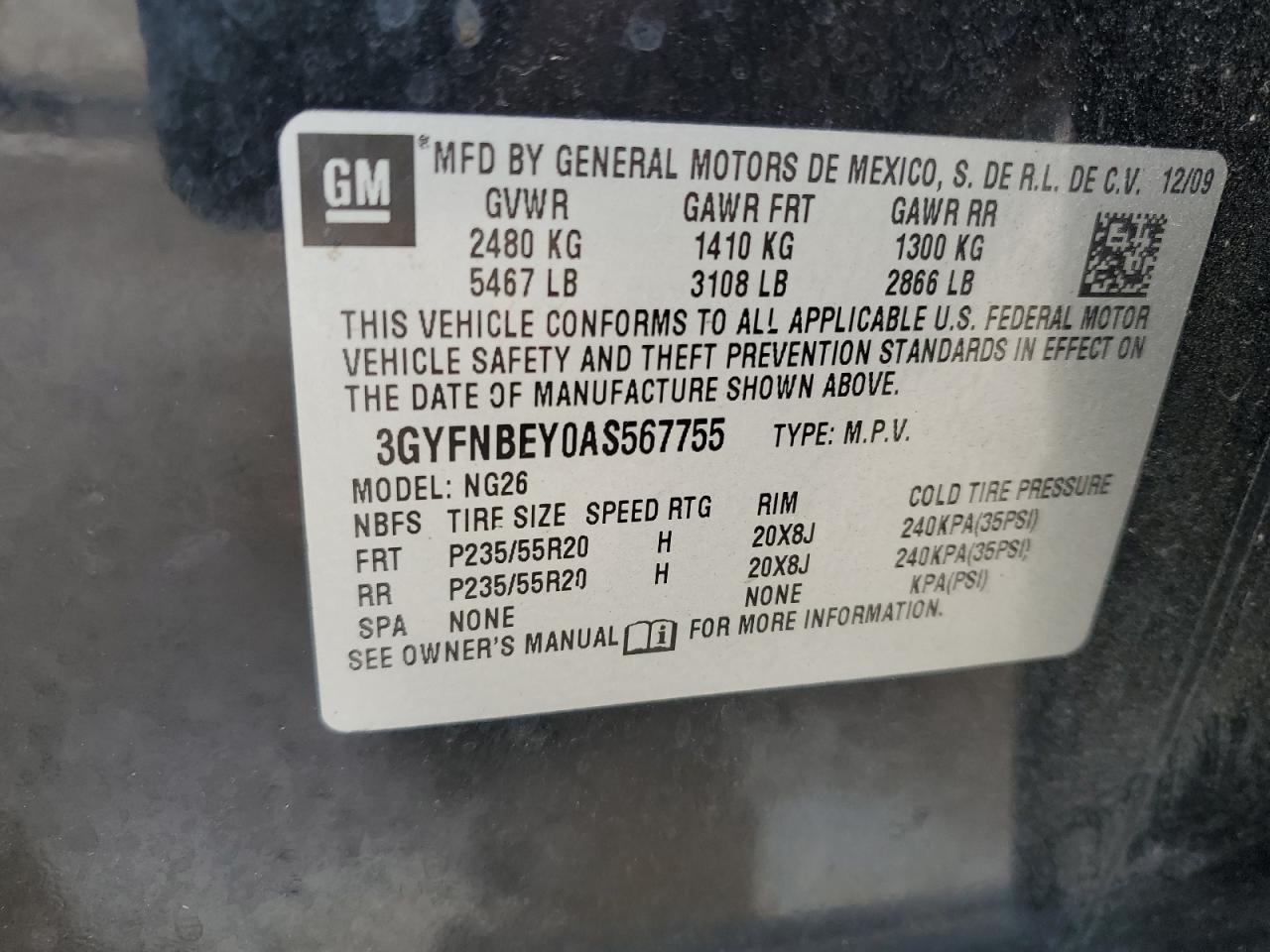 2010 Cadillac SRX VIN 3GYFNBEY0AS567755 Copart auction photo, water/flood damage thumbnail 14