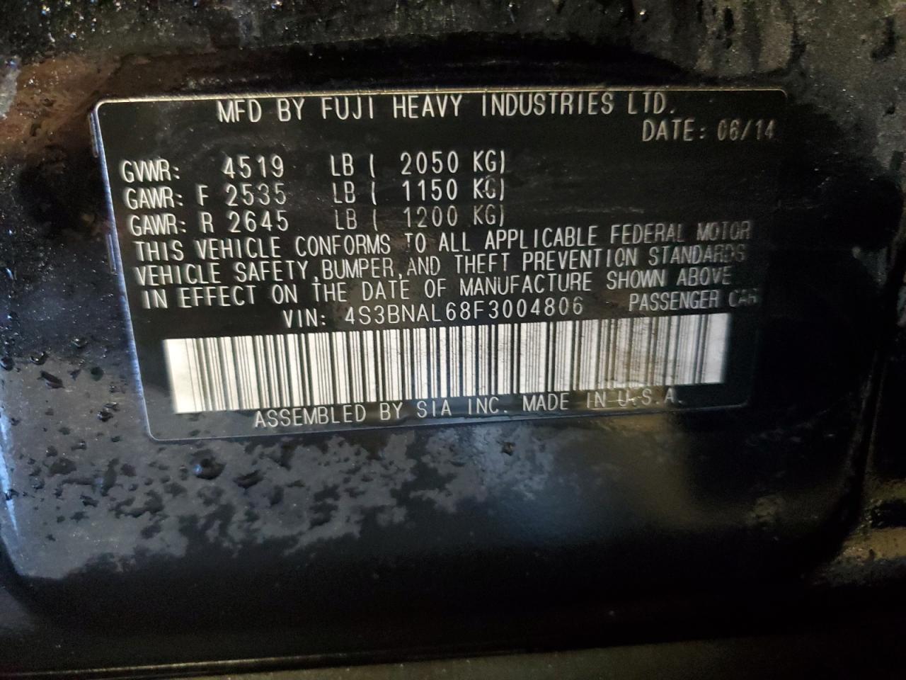 2015 Subaru Legacy VIN 4S3BNAL68F3004806 Copart auction photo, front end damage thumbnail 12