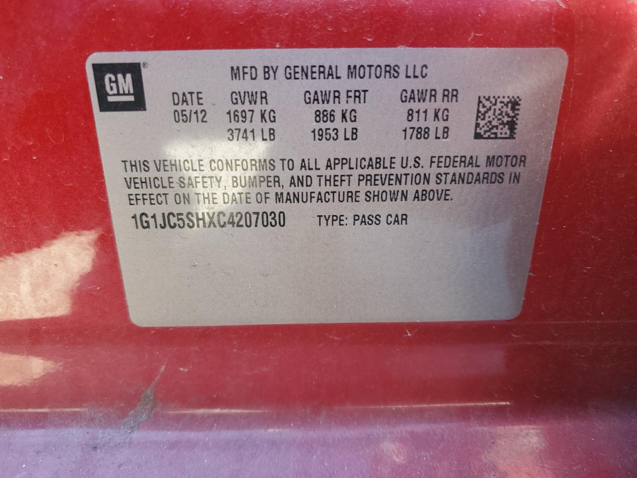2012 Chevrolet Sonic VIN 1G1JC5SHXC4207030 Copart auction photo, front end damage thumbnail 14