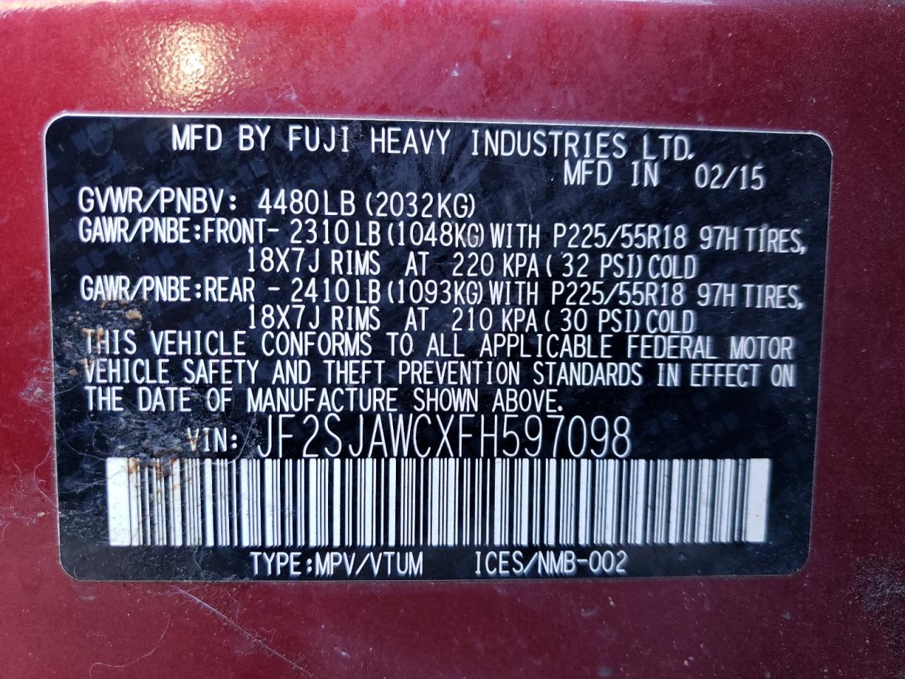 2015 Subaru Forester VIN JF2SJAWCXFH597098 Copart auction photo, rear end / side damage thumbnail 13
