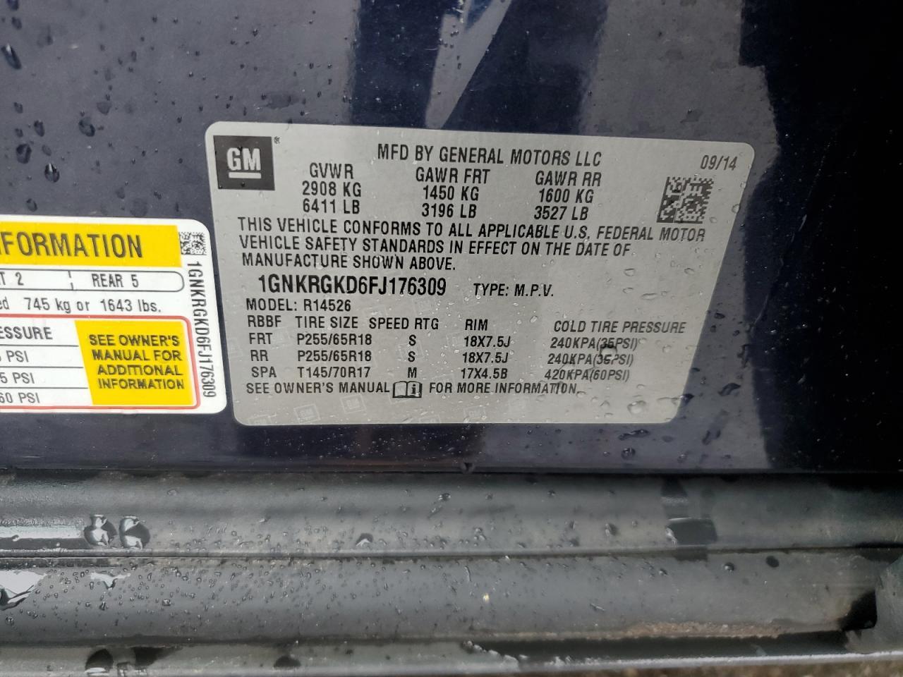 2015 Chevrolet Traverse VIN 1GNKRGKD6FJ176309 Copart auction photo, side damage thumbnail 15