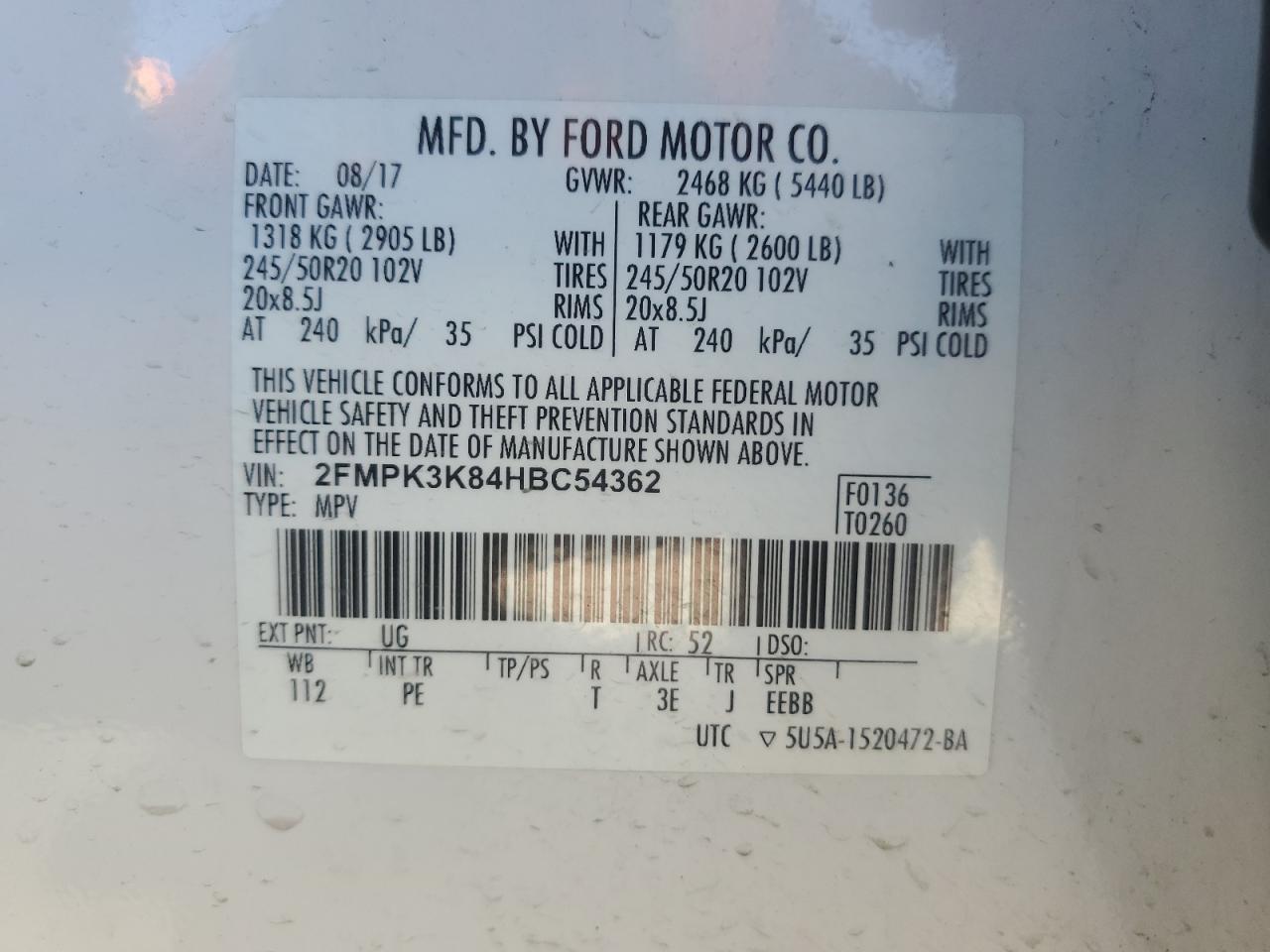 2017 Ford Edge VIN 2FMPK3K84HBC54362 Copart auction photo, front end damage thumbnail 12