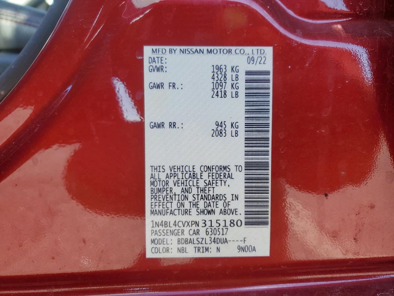 2023 Nissan Altima VIN 1N4BL4CVXPN315180 Copart auction photo, front end / side damage thumbnail 14