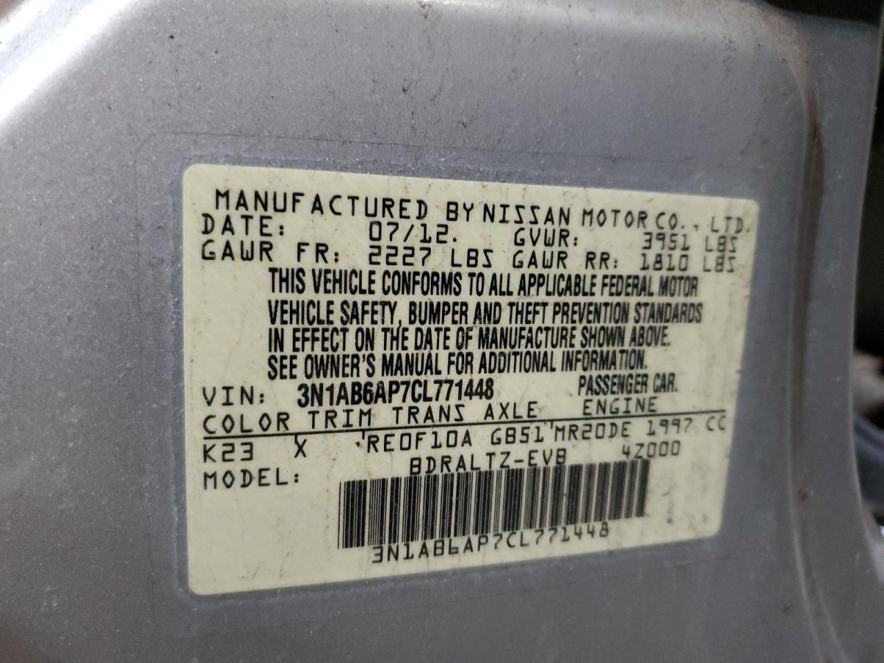 2012 Nissan Sentra VIN 3N1AB6AP7CL771448 Copart auction photo, all over damage thumbnail 13