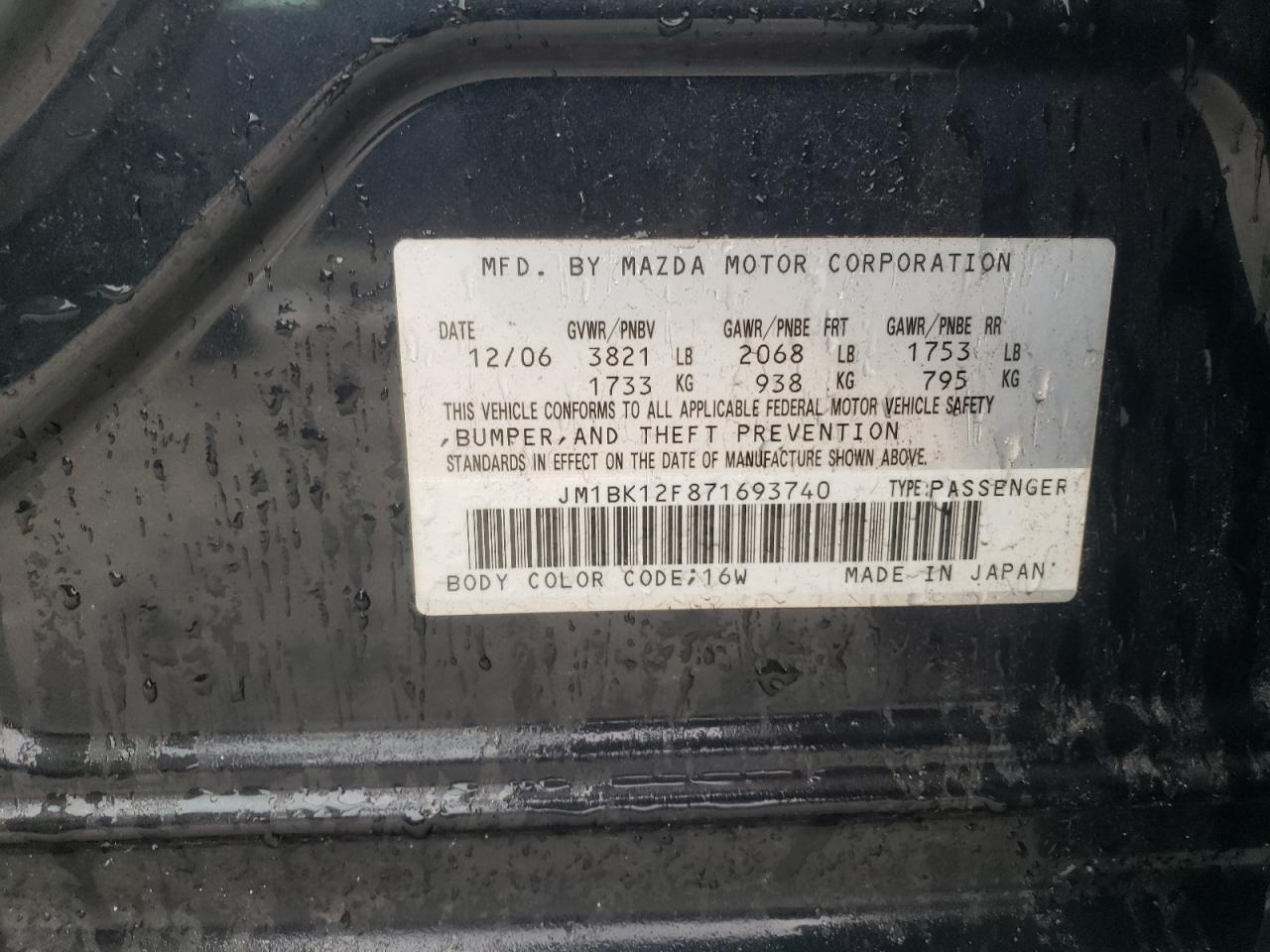 2007 Mazda 3 VIN JM1BK12F871693740 Copart auction photo, rear end / front end damage thumbnail 12