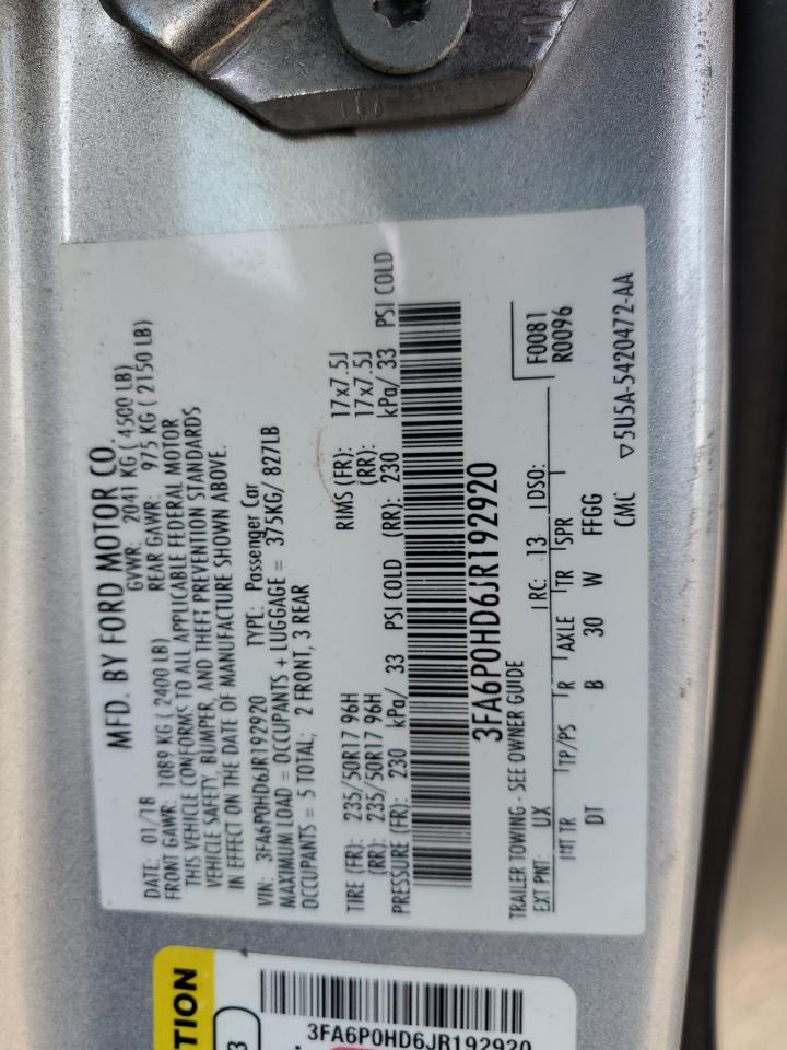 2018 Ford Fusion VIN 3FA6P0HD6JR192920 Copart auction photo, front end / minor dent/scratches damage thumbnail 12