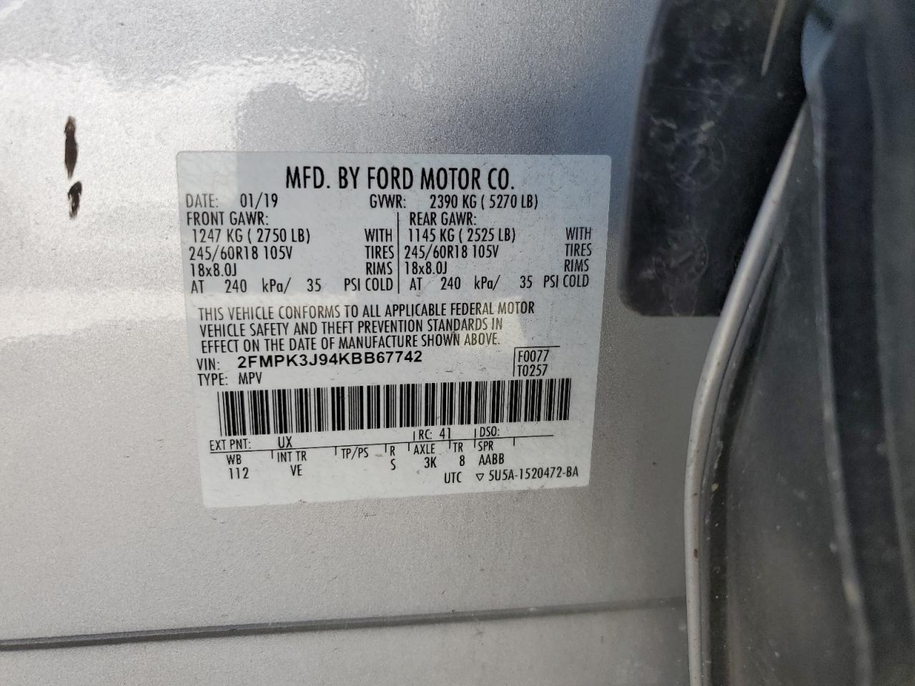 2019 Ford Edge VIN 2FMPK3J94KBB67742 Copart auction photo, rear end damage thumbnail 14