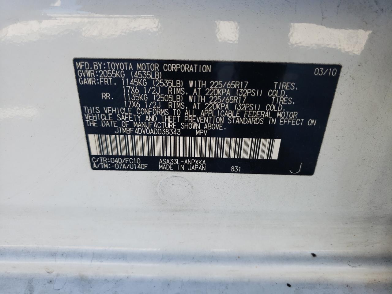 2010 Toyota RAV 4 VIN JTMBF4DV0AD038343 Copart auction photo, front end / undercarriage damage thumbnail 13