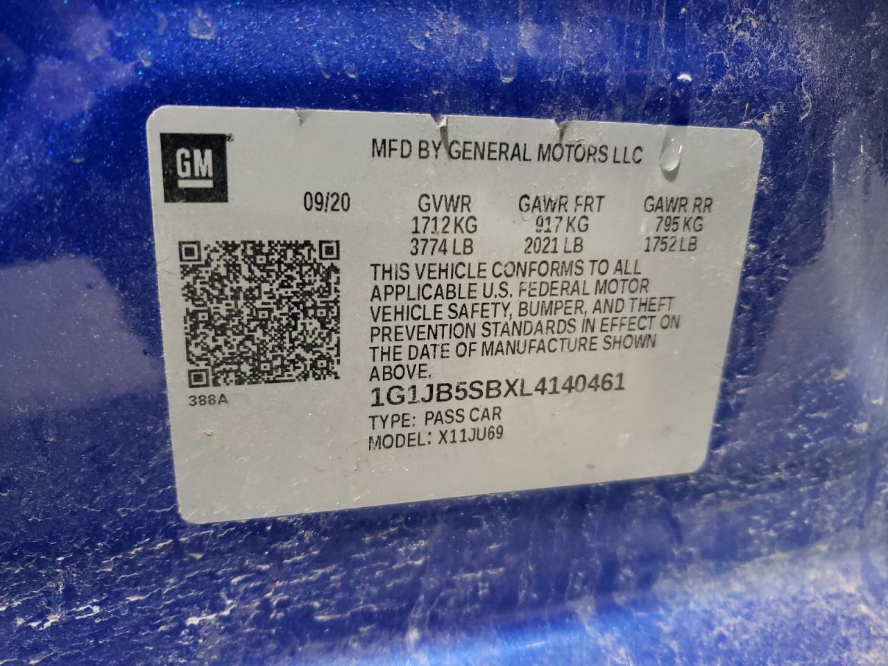 2020 Chevrolet Sonic VIN 1G1JB5SBXL4140461 Copart auction photo, rear end / minor dent/scratches damage thumbnail 13