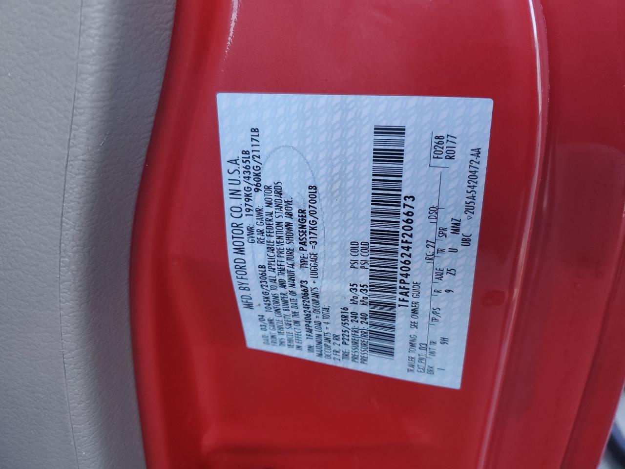2004 Ford Mustang VIN 1FAFP40624F206673 Copart auction photo, minor dent/scratches damage thumbnail 12