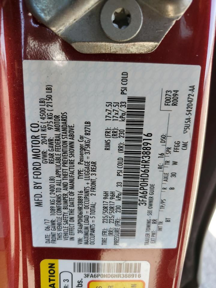 2017 Ford Fusion VIN 3FA6P0HD6HR388916 Copart auction photo, front end damage thumbnail 13