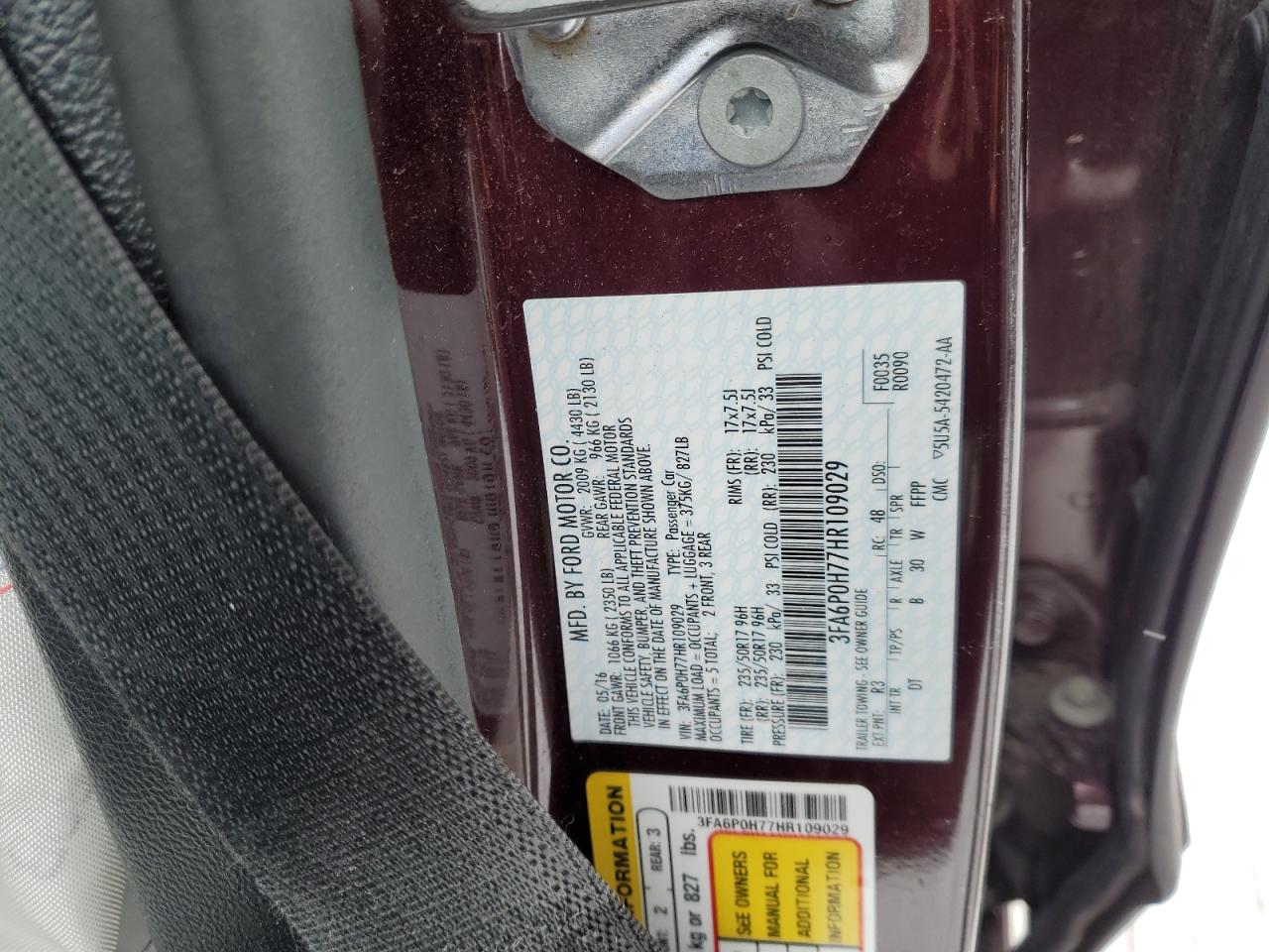 2017 Ford Fusion VIN 3FA6P0H77HR109029 Copart auction photo, front end damage thumbnail 12
