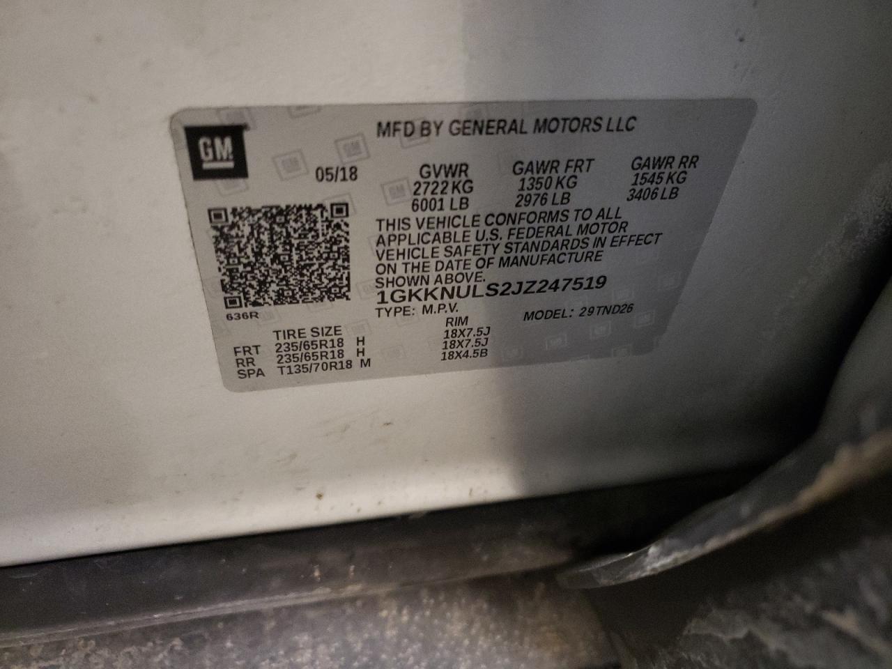 2018 GMC Acadia VIN 1GKKNULS2JZ247519 Copart auction photo, side / front end damage thumbnail 13