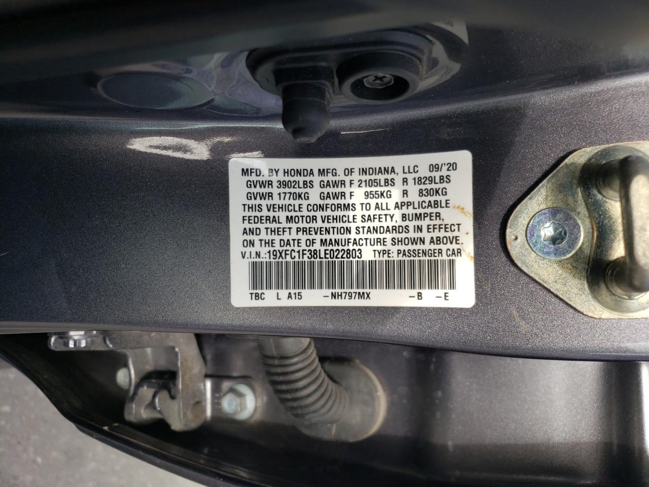 2020 Honda Civic VIN 19XFC1F38LE022803 Copart auction photo, front end / rear end damage thumbnail 14