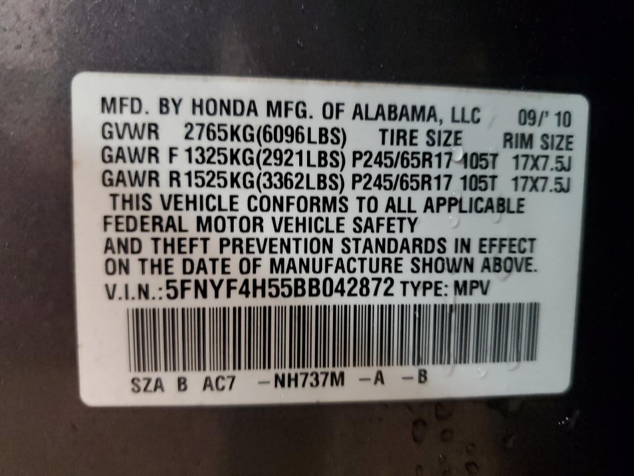 2011 Honda Pilot VIN 5FNYF4H55BB042872 Copart auction photo, front end / minor dent/scratches damage thumbnail 15