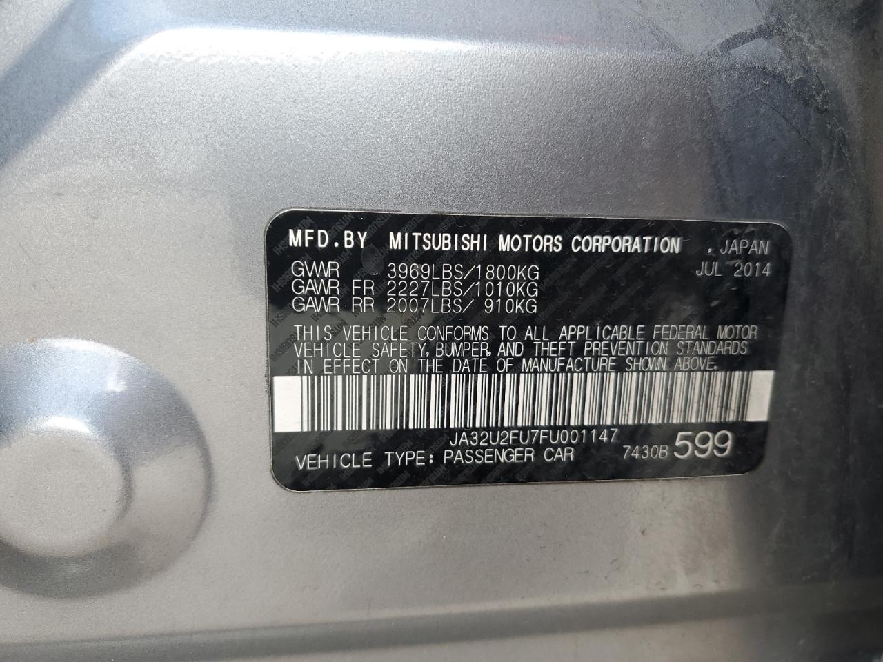 2015 Mitsubishi Lancer VIN JA32U2FU7FU001147 Copart auction photo, front end damage thumbnail 14