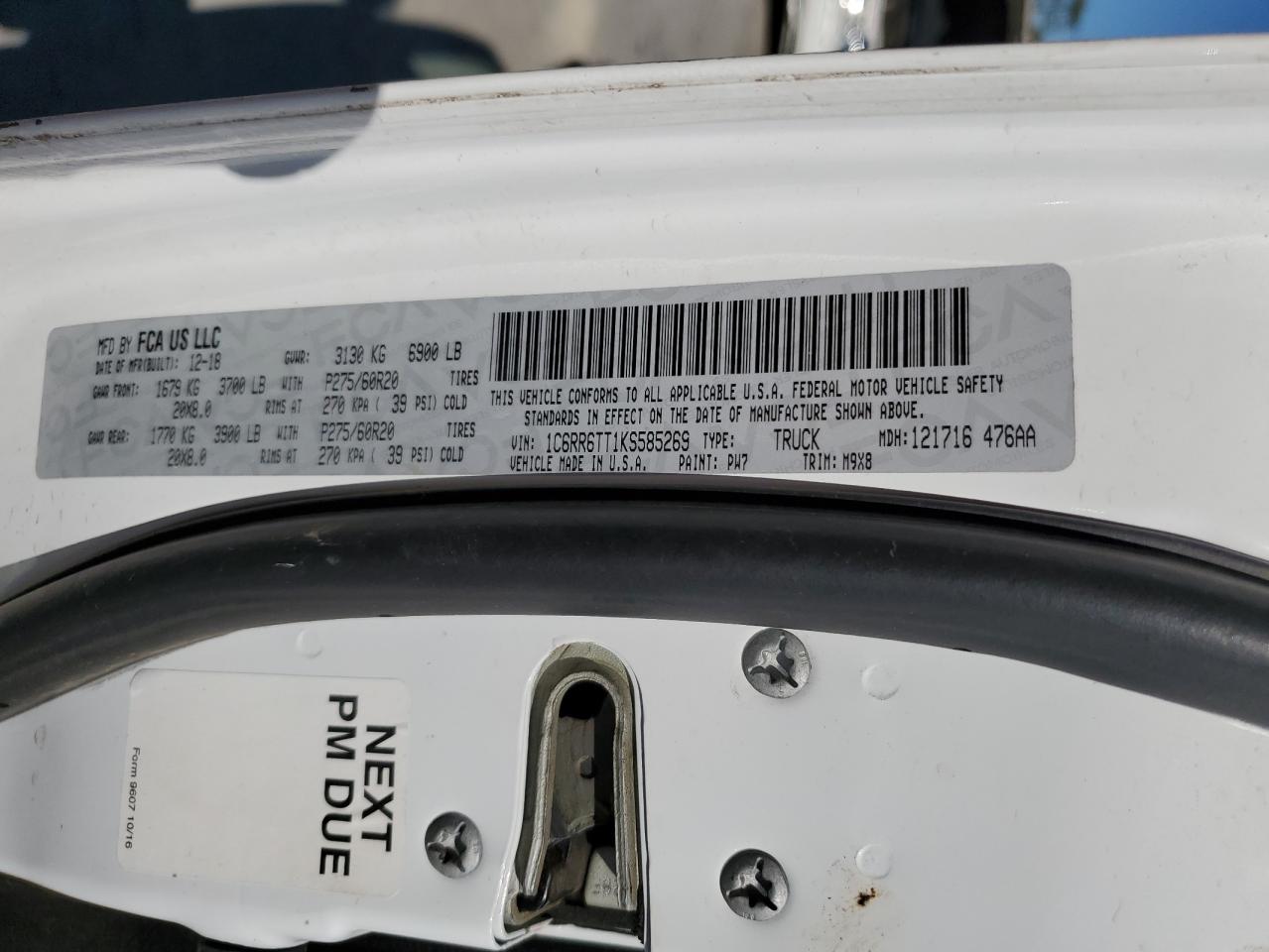 2019 RAM 1500 VIN 1C6RR6TT1KS585269 Copart auction photo, side / minor dent/scratches damage thumbnail 13