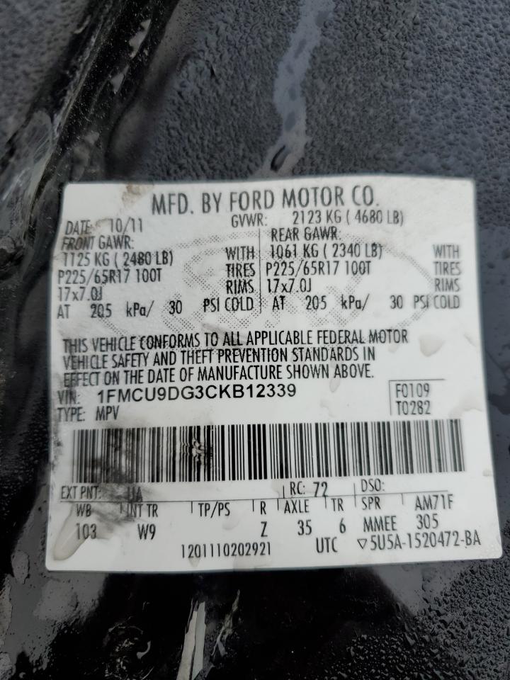 2012 Ford Escape VIN 1FMCU9DG3CKB12339 Copart auction photo, all over damage thumbnail 14